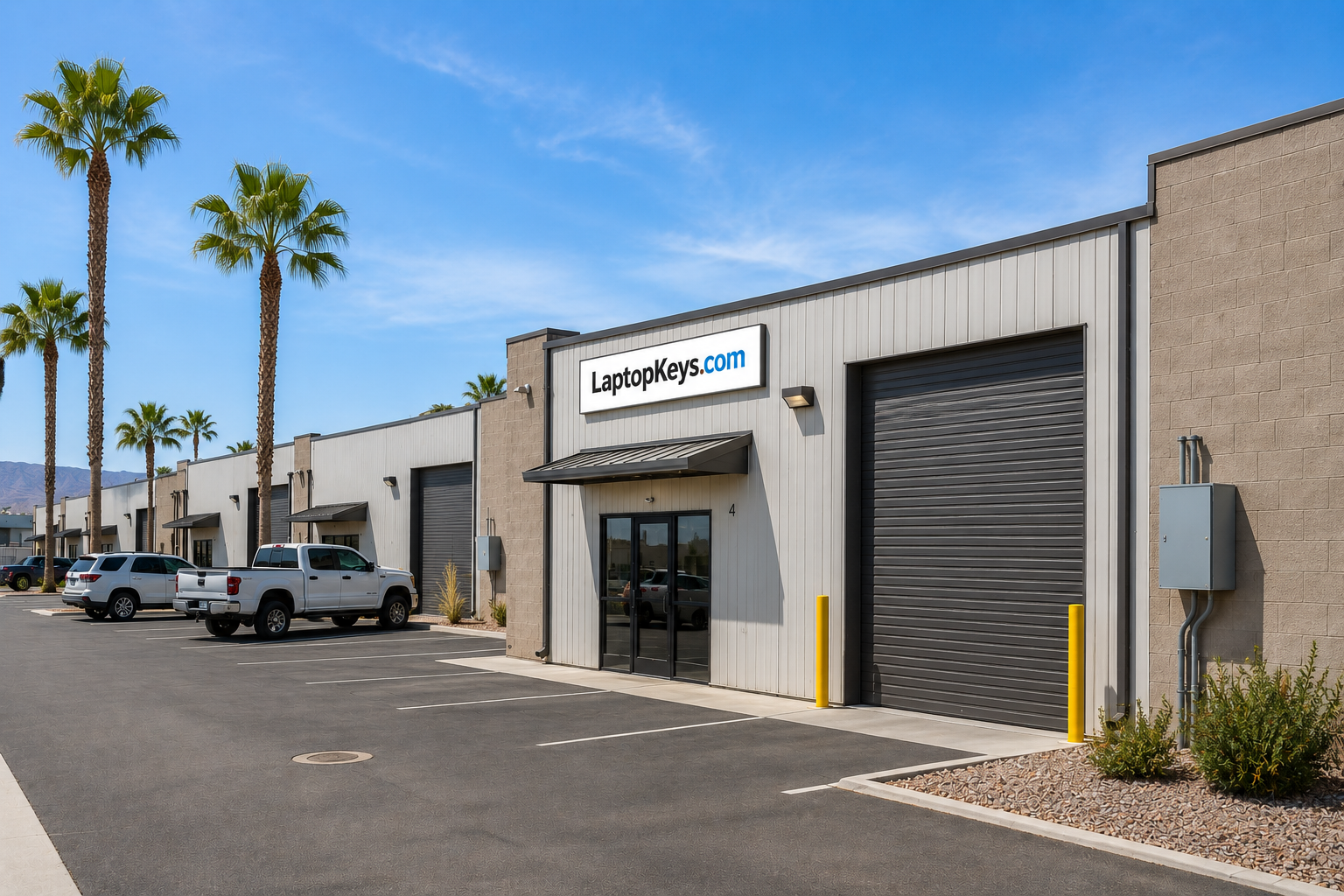 The LaptopKeys.com warehouse — a modern industrial unit with the LaptopKeys.com sign over the entrance